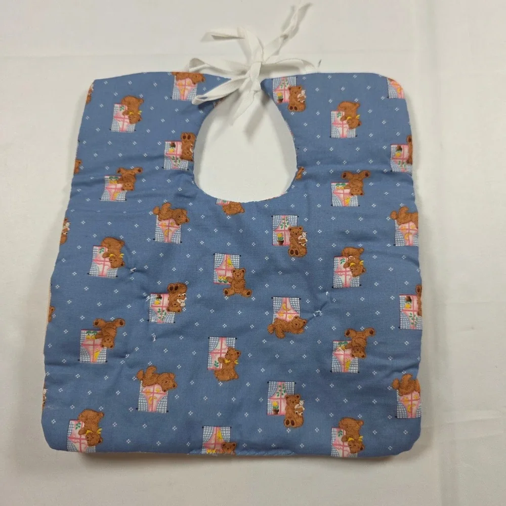 Vintage 1980 Handmade Teddy Bear Bib Set with 3D Hands and First Years Utensils